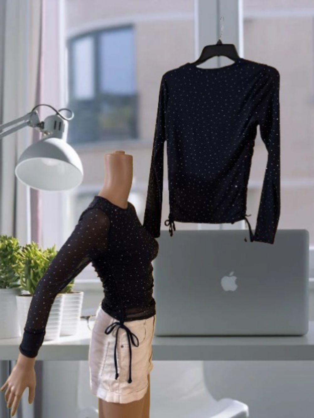 Ruched Navy Blue Long-Sleeve sheer mesh rhinestoneTee - Picture 6 of 6